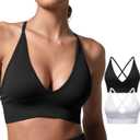 V Neck Adjustable Spaghetti Straps Sports Bra for Women, Padded Criss Cross Back Longline Yoga Bra Workout Crop Top Multipack (Large, Black White)