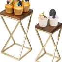 MyGift Dessert Riser Stands, Modern Twisting Geometric Brass Tone Metal and Solid Wood Pedestal Racks for Food, Merchandise, Desserts, 2 Piece Set