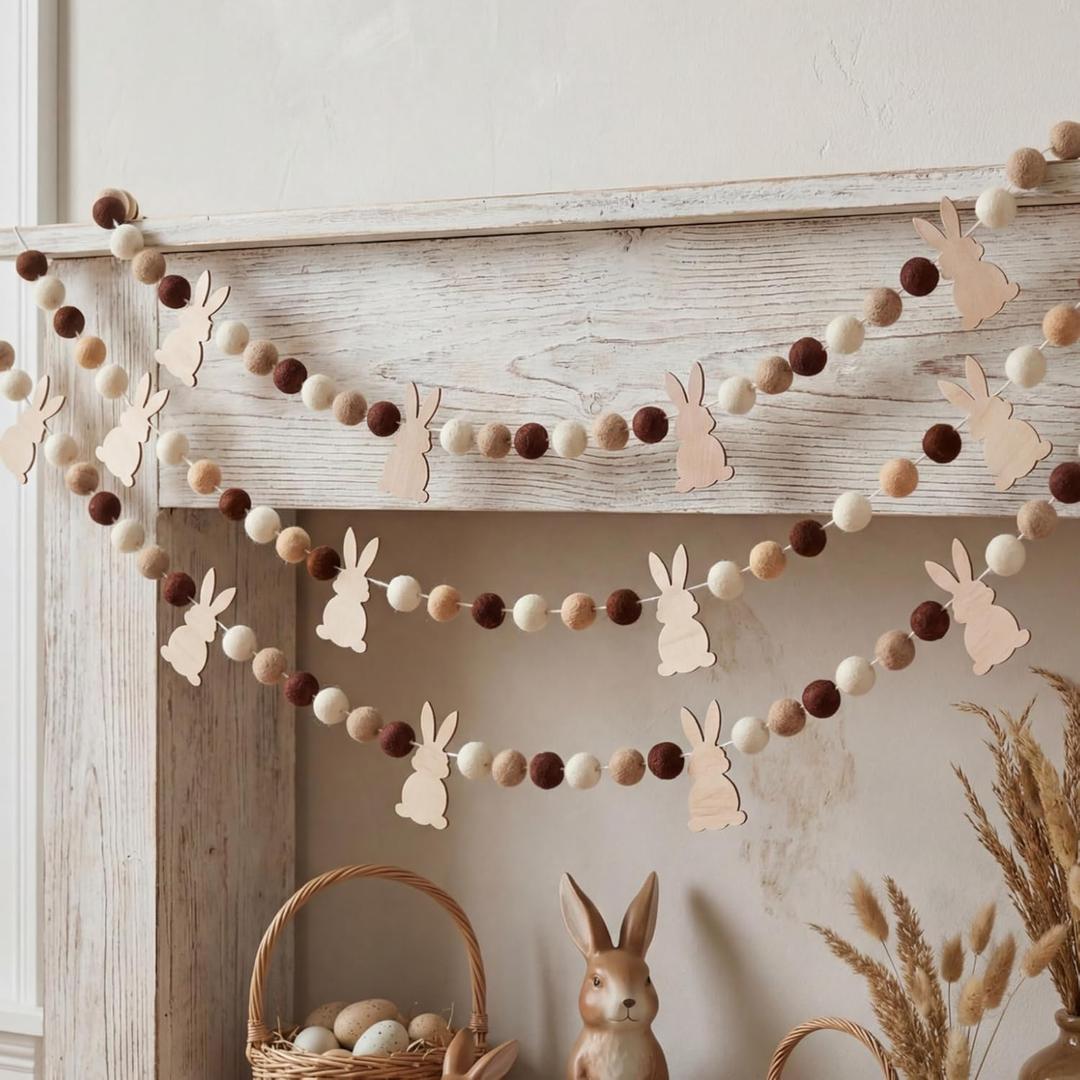 Boao 3 Pcs Natural Felt Easter Bunny Garland Pom Pom Ball Garland Rustic Decoration Rabbit Felt Ball Hanging Banner for Farmhouse Mantel Wall Home Office Spring Decor Supplies