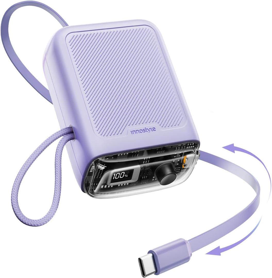 Two-Way Charging Power Bank, Built-in Retractable Cables, Dual Device Charging, Travel Essential Phone Power Bank, Compatible with iPhone 17 Pro Max, Samsung, iPad (Purple)