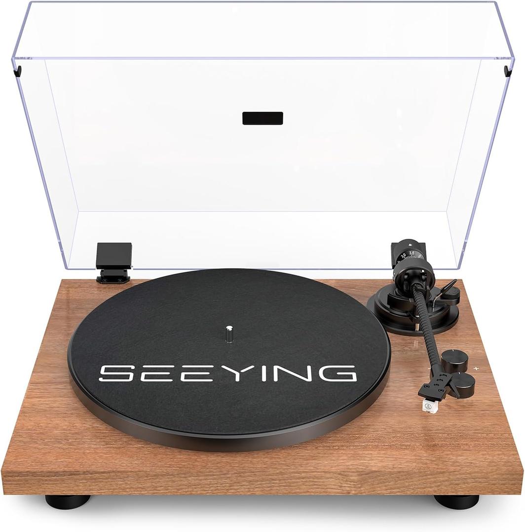 SeeYing Turntable Vinyl Record Player Support Bluetooth Output Phono/Line Switch Pitch Control with Pre-Installed Counterweight & Magnetic Cartridge, Belt Drive 2 Speed