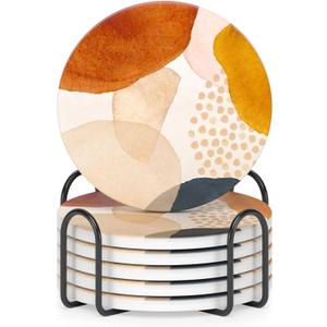 Nipichsha Coasters for Drinks, Set of 6 Cute Absorbent Ceramic Drink Coasters for Cup with Holder and Cork Base, Kitchen Home Decor Housewarming Gift, Round 4 in, Simple Abstract Art