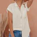 siliteelon Linen Shirts for Women Button Down Shirts Short Sleeve Cotton Collared V Neck Solid Casual Blouses with Pocket (Beige, L)