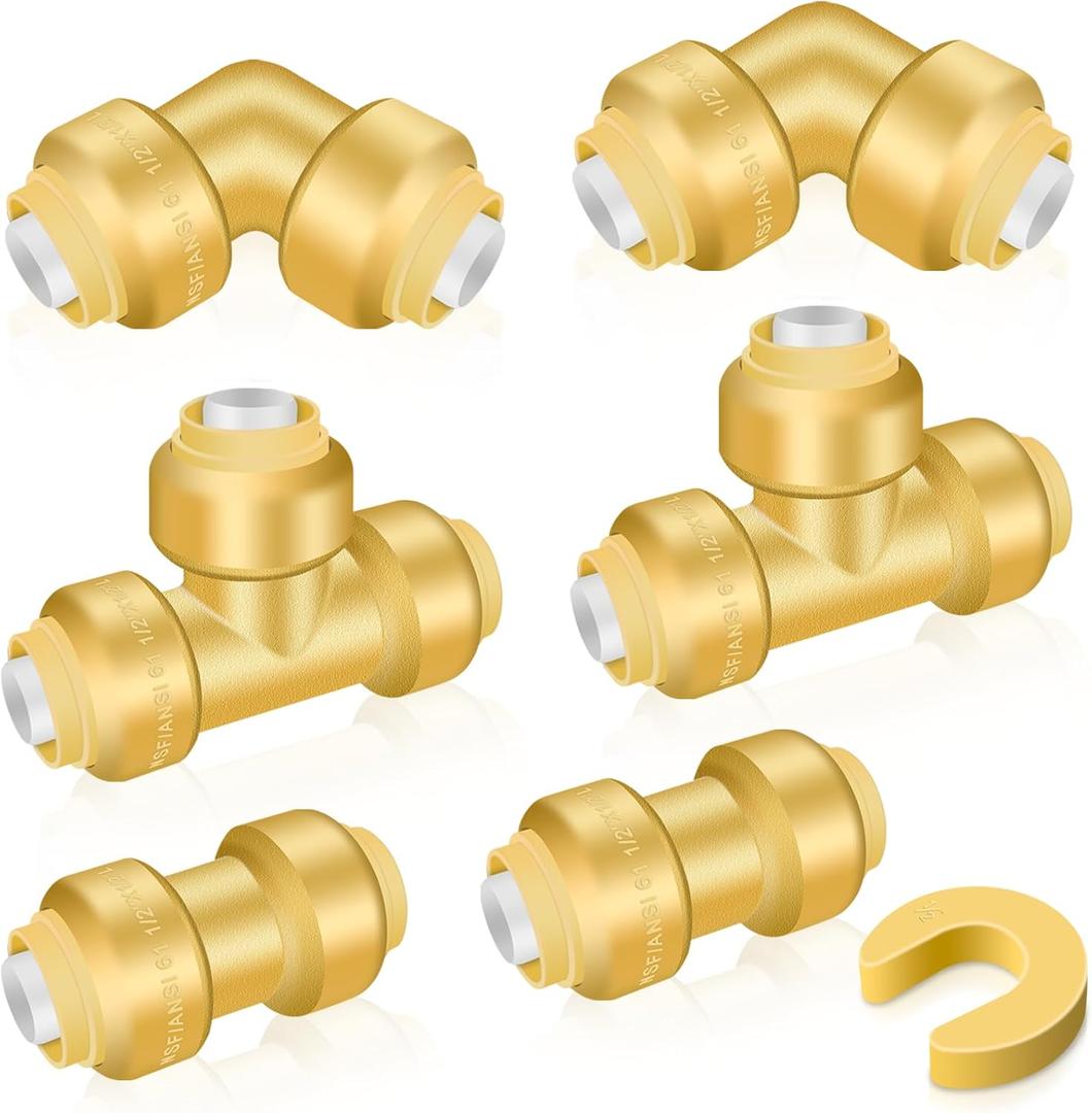 2 x Boltigen Plumbing Fittings 1/2 inch, 6pack No Lead Brass Push Fit to Connect Couplings, 2pcs Straight, 2pcs 90 Degree Elbows, 2pcs Tee, with Disconnect Clip, for Connecting Copper, PEX, CPVC