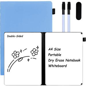Portable White Board Dry Erase Notebook, Double Sided Folding Whiteboards with Pen and Erase, Small Dry Erase Board for Study, Meeting, Planning 12"x9" (A4), Anti-Ghosting (Blue)
