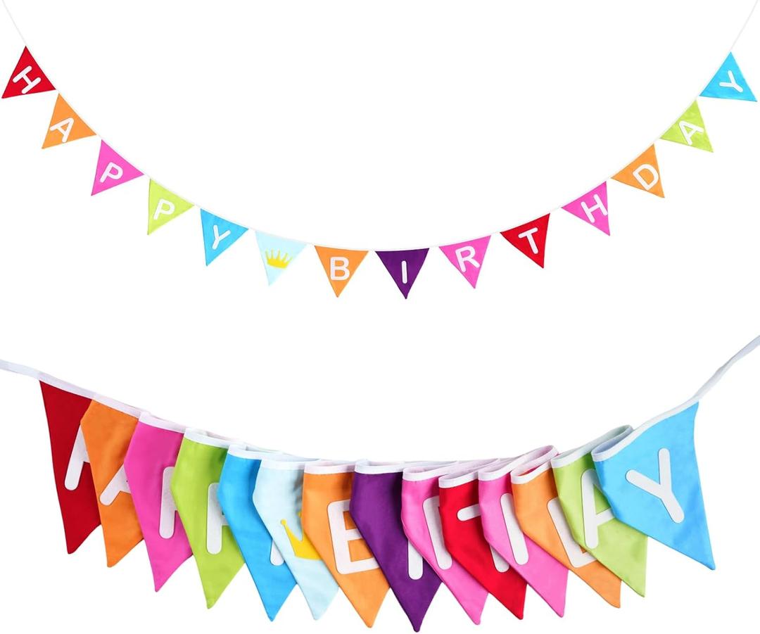 GCQQ Happy Birthday Banner 3.5M/11.5FT Cotton Double Layer Fabric Bunting 14PCS Reusable Rainbow Birthday Party Triangle Flag Pennant Garlands for Boys Girls Kids & Adults Birthday Decorations