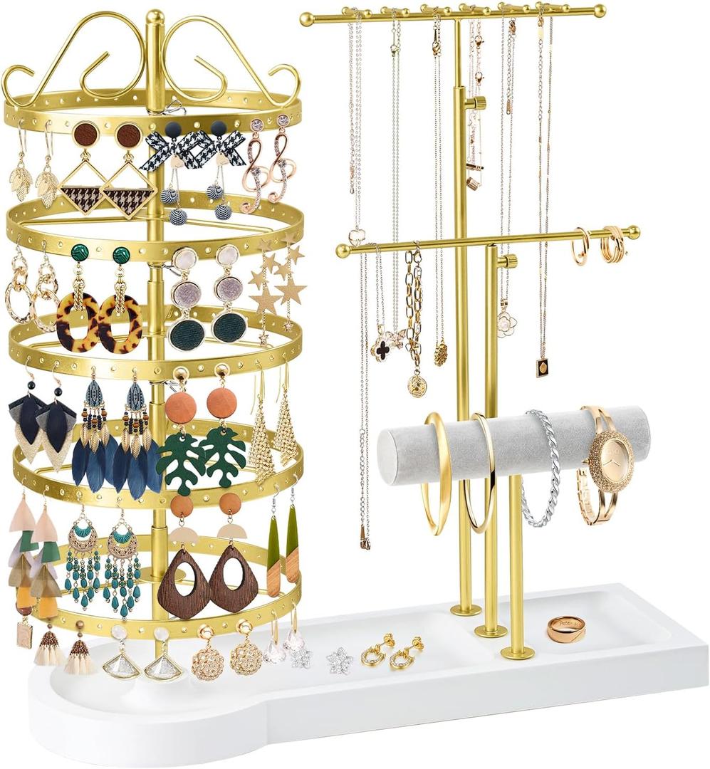 Jewelry Organizer Stand, Metal Rotating Earring Holder Organizer, Multi-Functional Adjustable Necklace Rack Holder Bracelet Watch Holder for Jewelry Earrings Ring (Gold) (Golden-White Wood)