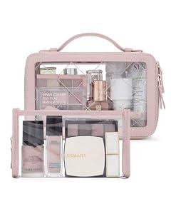 BAGSMART TSA Approved Toiletry Bag, Clear Makeup Bag Travel Toiletry Bag, 2-Piece Set Quart Size Waterproof PVC Leather Cosmetic Bags, Make Up Organizers Gift for Women Car Accessories, Nude Pink