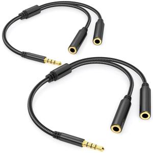 3.5mm TRRS Splitter for 2 Headphones 1FT 2-Pack, Dual Support Audio & Mic, 3.5 mm Aux Jack Cable 1 in 2 out, Double 1/8" Stereo Female Adapter,Headset Split Y Cord 2 Way for Phone/Tablet/Laptop/PC/MP3 (Black)