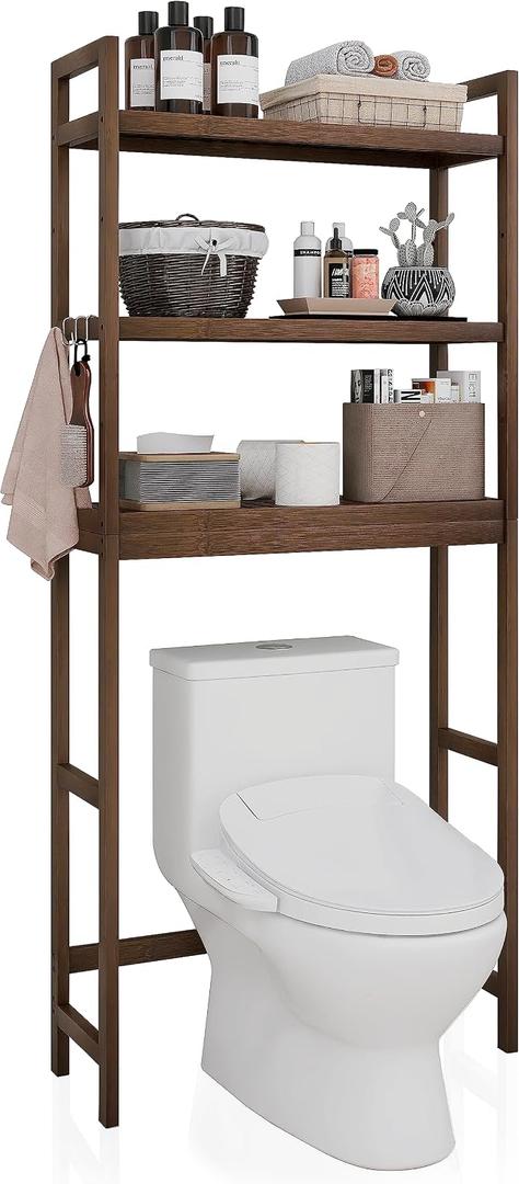SMIBUY Bathroom Storage Shelf, Bamboo Over-The-Toilet Organizer Rack, Freestanding Toilet Space Saver with 3-Tier Adjustable Shelves (Walnut), 10.2D x 24.8W x 67H in