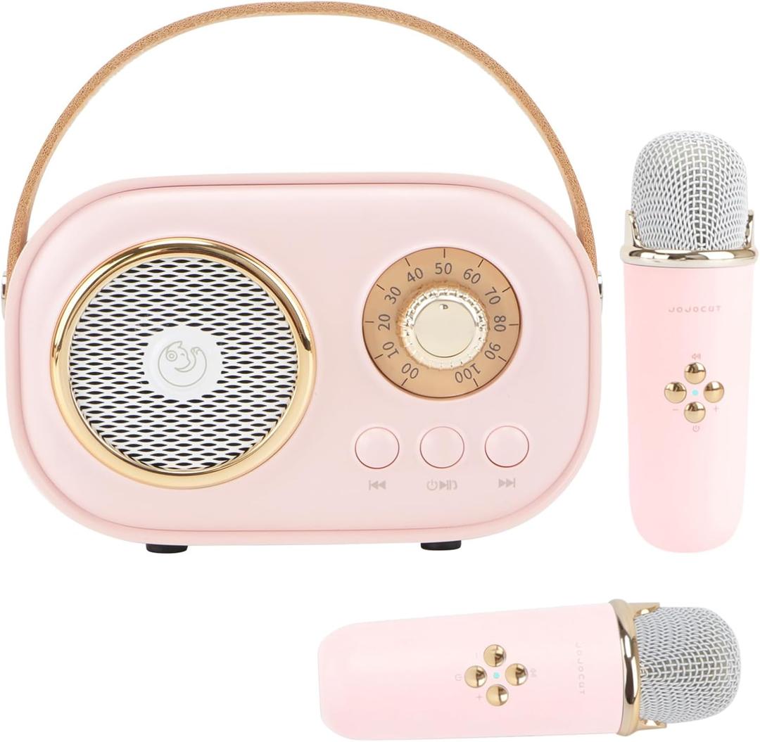 Mini Karaoke Machine for Kids, Portable Bluetooth Speaker with 2 Wireless Microphone, Toys for Girls Boys Gifts, Retro Speaker Set Stereo Sound Enhanced Bass for Home Party Birthday (Pink)