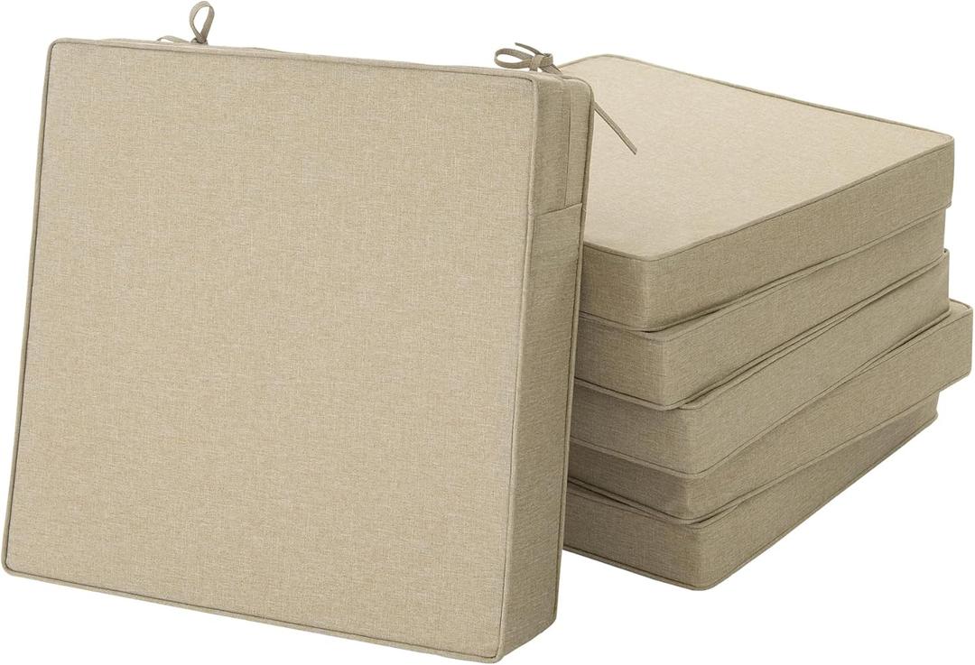 Outdoor Chair Cushions, Water-Resistant & Fade-Resistant, Patio Furniture Square Seat Replacement Chair Pads with Ties, Removable Cover, Non-Slip Bottom, Set of 6, 19 x 19 Inch, Natural