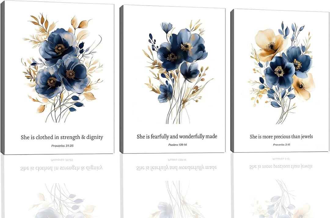 3 Pcs Framed Blue Botanical Floral Canvas Wall Art Religious Inspirational Nautical Style Bible Verse Floral Posters Prints Home Decor for Church Living Room Bedroom 16x24 inches Ready To Hang
