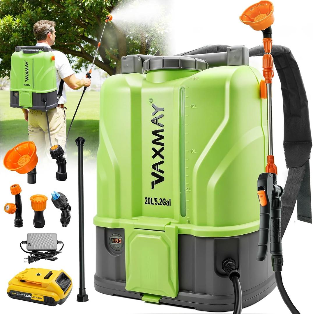 VAXMAY Battery Powered Backpack Sprayer 5.2 Gallon, 120 PSI Electric Garden Sprayer Compatible with DeWalt 20V Battery, Weed Yard Sprayer with 2 Wands, 5 Nozzles, 2.6 Ah Battery & Charger Included