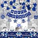 Navy Blue and Silver Birthday Decorations for Men Women, Blue Birthday Decorations for Men with Happy Birthday Banner Tablecloth Balloons Fringe Curtains Hanging Swirls Cake Toppers