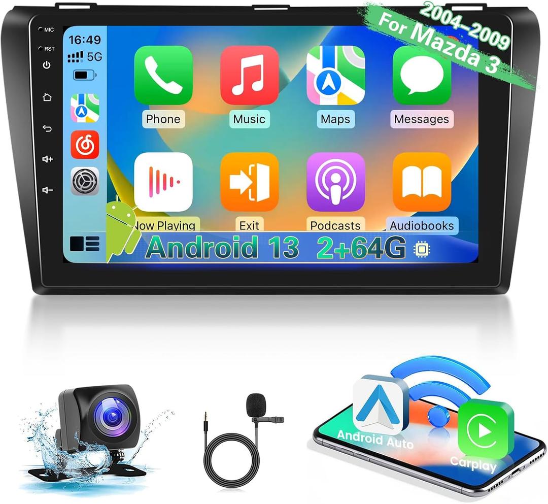 NHOPEEW [2+64G] for Mazda 3 2004-2009 Android Car Radio with Wireless Carplay and Android Auto - 9 Inch Touchscreen Car Stereo - DSP/Multiple UI/WiFi/GPS Navigation/SWC + AHD Backup Camera