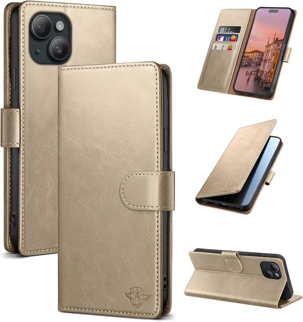 Wallet Case for iPhone 15 6.1" with RFID-Blocking Credit Card Holder, PU Leather Folio Flip Cover Women Men Protective Phone Case Compatible with Apple 15, Golden
