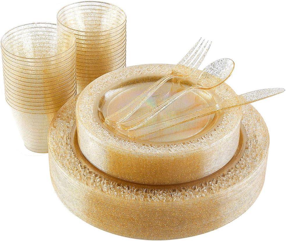 Supernal 180pcs Gold Plastic Dinnerware Set, Disposable, BPA-Free, Suitable for Party, Wedding (180pcs Gold Plastic Utensils)