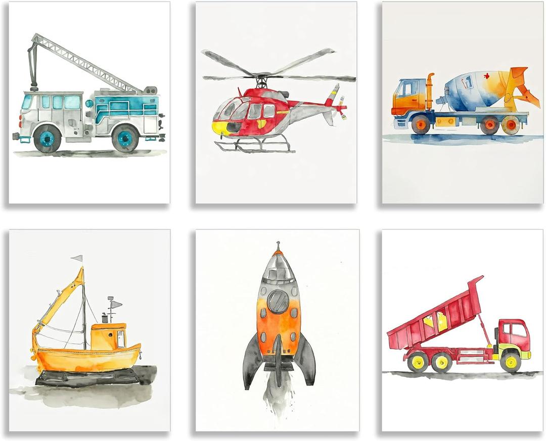 Frimeeme Car Wall Art Boys Room Canvas Wall Decor Nursery Prints - Kids Decor with Airplanes, Rockets & Ships for Boys' Nursery, Bedroom & Playroom 8x10 Inches, Set of 6 Unframed