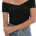 Sarin Mathews Womens Shirts Off The Shoulder Tops Sexy V Neck Slim Fit Shirts Tops Blouses (Black, S)