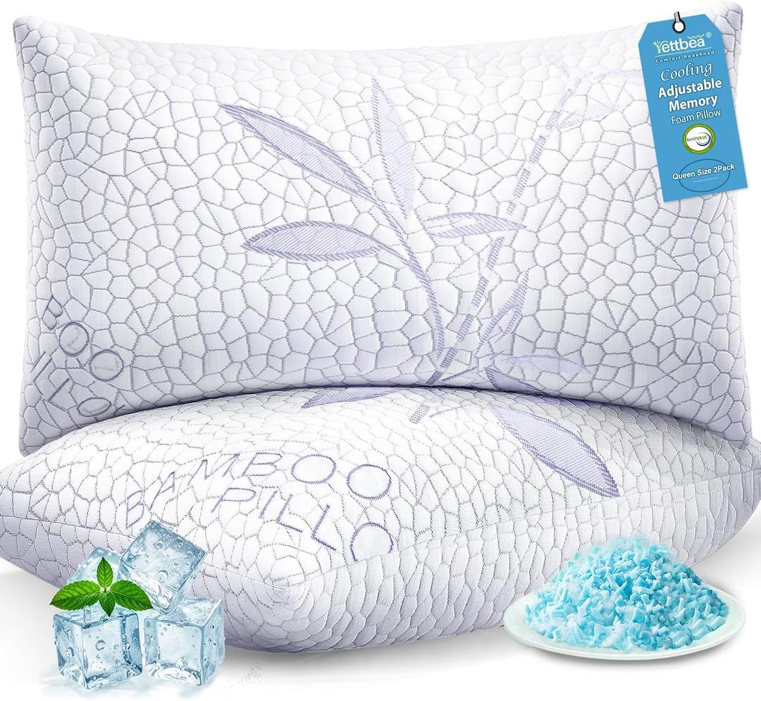 Yettbea Adjustable Shredded Memory Foam Pillows Queen Size Set of 2, Luxury Bamboo Cooling Pillow w/Washable Zippered Cover, Soft or Firm Support Bed Pillow for Side, Back, Stomach Sleeper