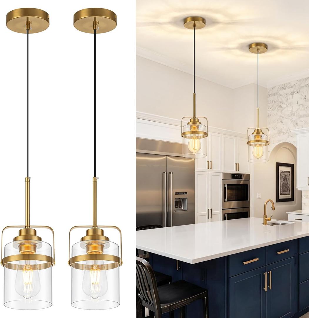 Modern Brass Pendant Lights Kitchen Island Light, Adjustable Hanging Light Fixture with Clear Glass Shade, Farmhouse Pendant Light for Dining Room Bar Over Sink/Table/Counter, 2 Pack