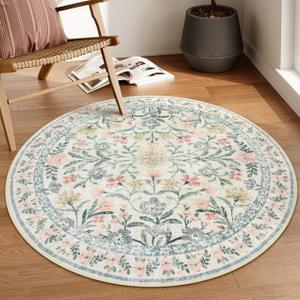 Lahome Sylvie Round Boho Floral Rugs 4ft, Cream Washable Circle Rugs for Bedroom Nursery, Vintage Beige Circular Carpet, Soft Non-Slip Carpet for Kids Room Playroom Calm Corner, Beige