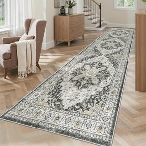 Madane Hallway Runner Rug 2'6''x10' Kitchen Runner, Non Slip Vintage Runners for Hallways Washable Kitchen Rugs Soft Low Pile 2.5x10 ft Rug Runner for Laundry Room, Entryway and Bedroom, Black
