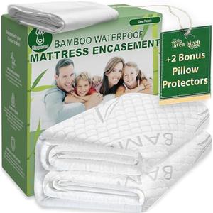 Bamboo Rayon Mattress Protector with Zipper + 2 Pillow Protectors - 100% Waterproof Cooling Queen Size Cover - Ultra Soft Fabric Breathable Noiseless Mattress Pad Covers Zippered Encasement