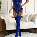 Lilosy Sexy Stocking Lace Mesh Bodysuit Top Underwire Garter Lingerie Set 3 Piece (Blue, L)