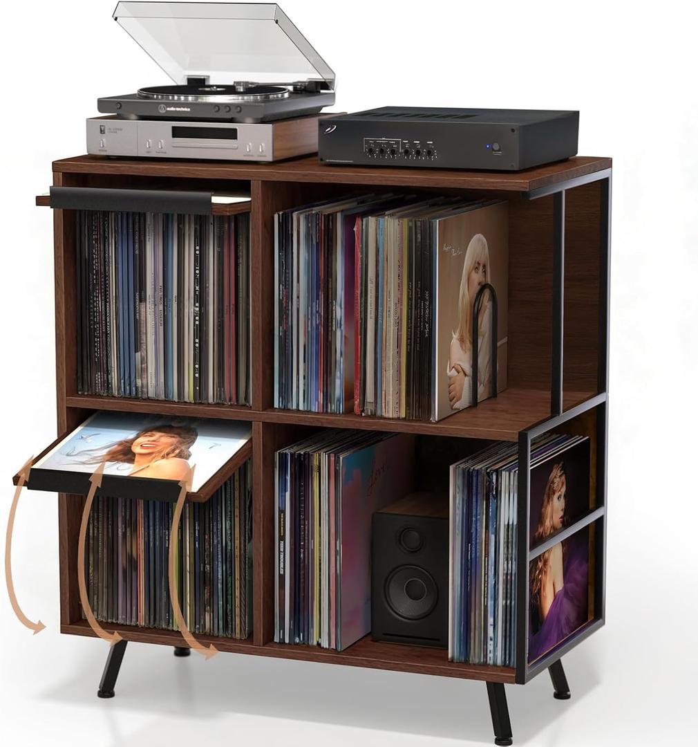 Faesun 3 Tier Record Player Stand with Flip-Down Record Shelf, Walnut