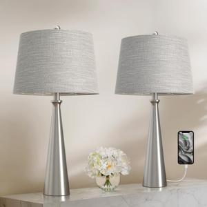 Oneach 25.75" Modern Table Lamp Set of 2, Bedside Lamps with USB Ports, Silver Nightstand Lamps Set for Living Room Bedroom House Bedside Home Office Family