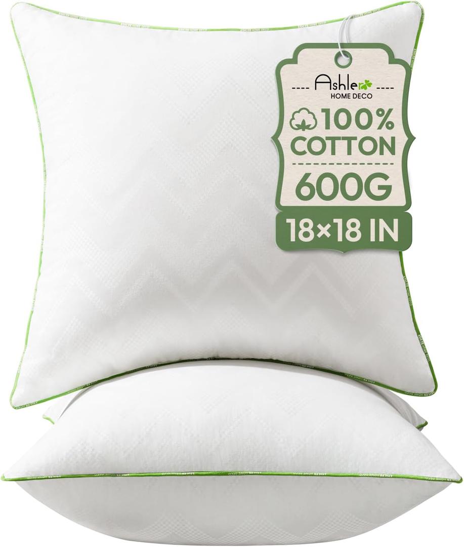 Ashler Home Deco 18x18 Pillows Insert (Set of 2) - Throw Pillow Inserts with 100% Cotton Cover - 18 Inch Square Interior Sofa Stuffer Pillow Inserts -Decorative White Couch Pillow