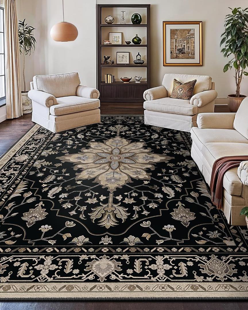 RELEANY Area Rugs 10'x14' Washable Non-Slip, Floral Vintage Distress Print Pattern Medallion Carpet for Living Room Bedroom Dining Room, Black Brown Neutral Dark Tan