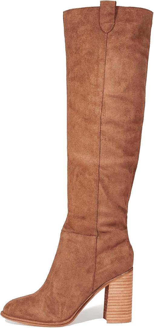 Erocalli Suede Knee-High Boots Fall Boot For Women Chunky Block High Heel Slouch Fashion Boot Round Toe Side Zipper (Size 9, Brown)