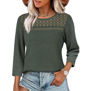 OFEEFAN 3/4 Length Sleeve Womens Tops Early Fall Fashion 2025 Dressy Casual Blouses Lace Front Trendy Waffle Knit Shirts, XXL