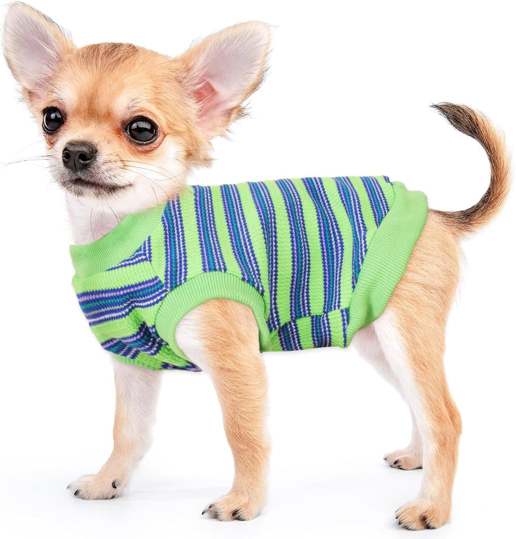 Dog Shirt, Pet Clothes for Chihuahua, Yorkie Teacup Costumes Striped, Small Dogs Sleeveless Tank Top Vest, Breathable Cotton Puppy T-Shirt, Cat Apparel Outfit (Green, XS)