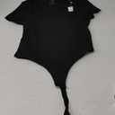 REORIA Womens Sexy Square Neck Double Lined Shirt Stretchy Basic Short Sleeve Going Out Thong Bodysuit Tops (Black)