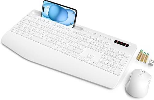 SABLUTE Wireless Keyboard and Mouse, Wrist Rest, Phone Holder, Batteries Included, 2.4G Lag-Free Ergonomic Keyboards Mouse Combo, Silent Keyboard Cordless Set for Computer, Laptop, PC, Windows, White