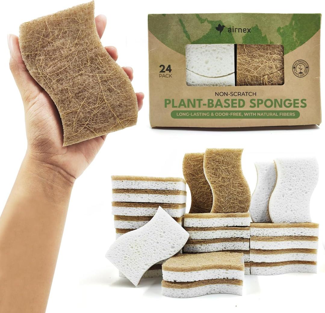 AIRNEX Natural Kitchen Sponges (24 Pack) - Biodegradable Cellulose & Coconut Scrubber Dish Sponges for Kitchen - Eco-Friendly, Non Scratch, Compostable, Non Toxic S-Shaped Natural Sponges for Dishes