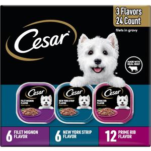 Cesar Filets in Gravy Adult Wet Dog Food Variety Pack, Filet Mignon, New York Strip and Prime Rib Flavors, 3.5 oz. Easy Peel Trays, Variety Pack, 24 Count