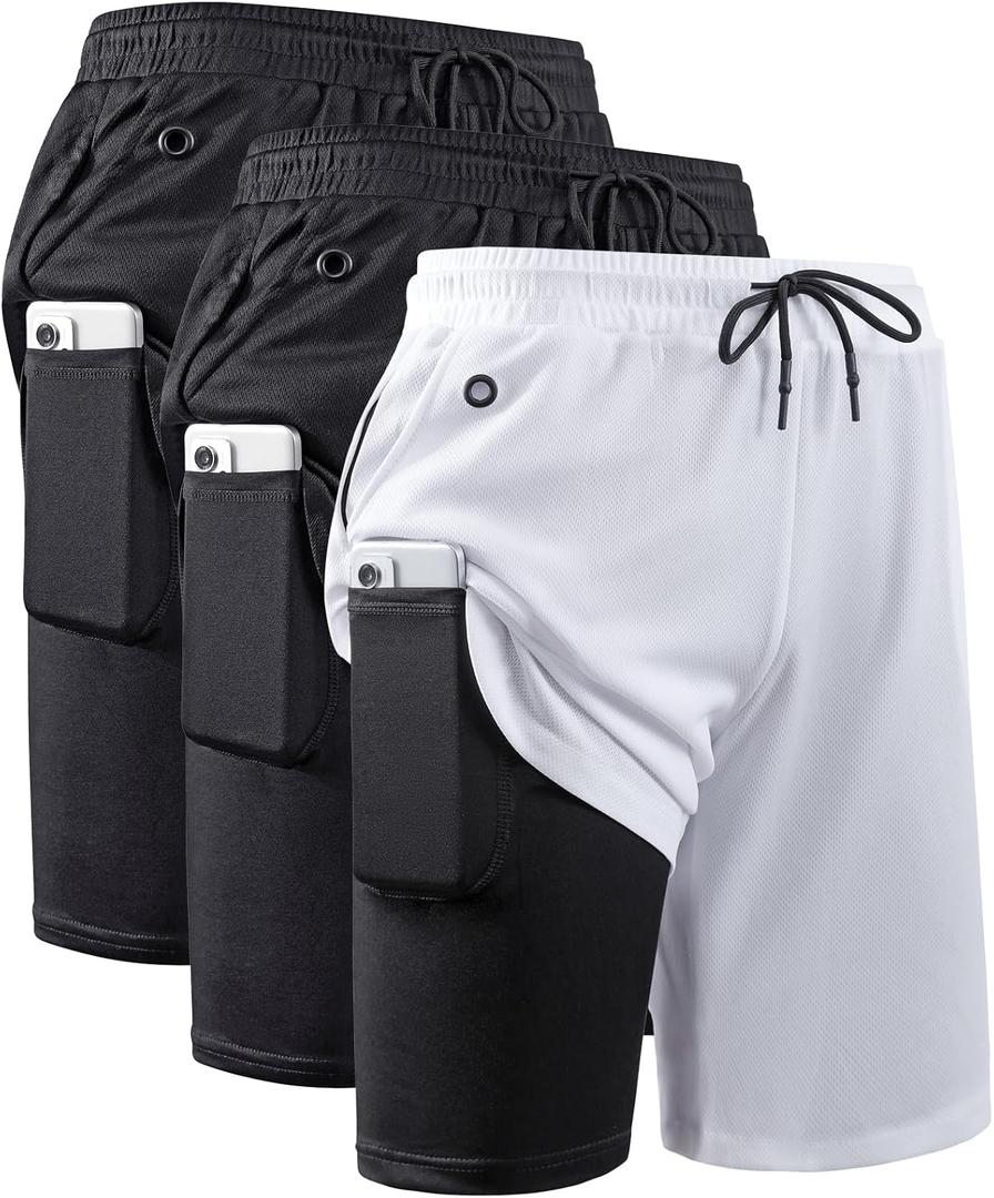 JWJ Men's 2 in 1 Workout Running Shorts 7 Inch Lightweight Athletic Gym Shorts with Compression Liner (L)
