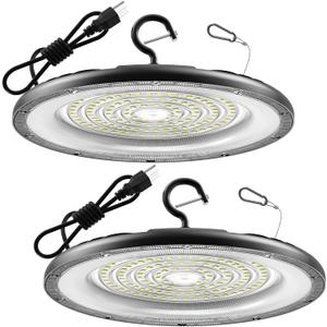AIKVSXER 2 Pack UFO LED High Bay Light, 150W 30000LM LED Shop Lights, Commercial High Bay Lighting with Plug & Hanging Hook, Round UFO Lights IP65 Warehouse Garage Workshop Lighting