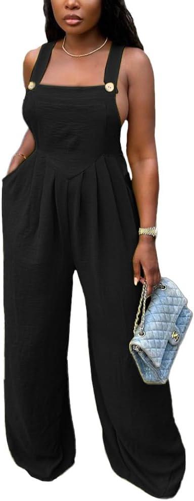 Nimsruc Women's Jumpsuits Summer Rompers Sling Sleeveless Wide Leg Casual Overalls Jumpers With Pockets 2024 (8127-black) S