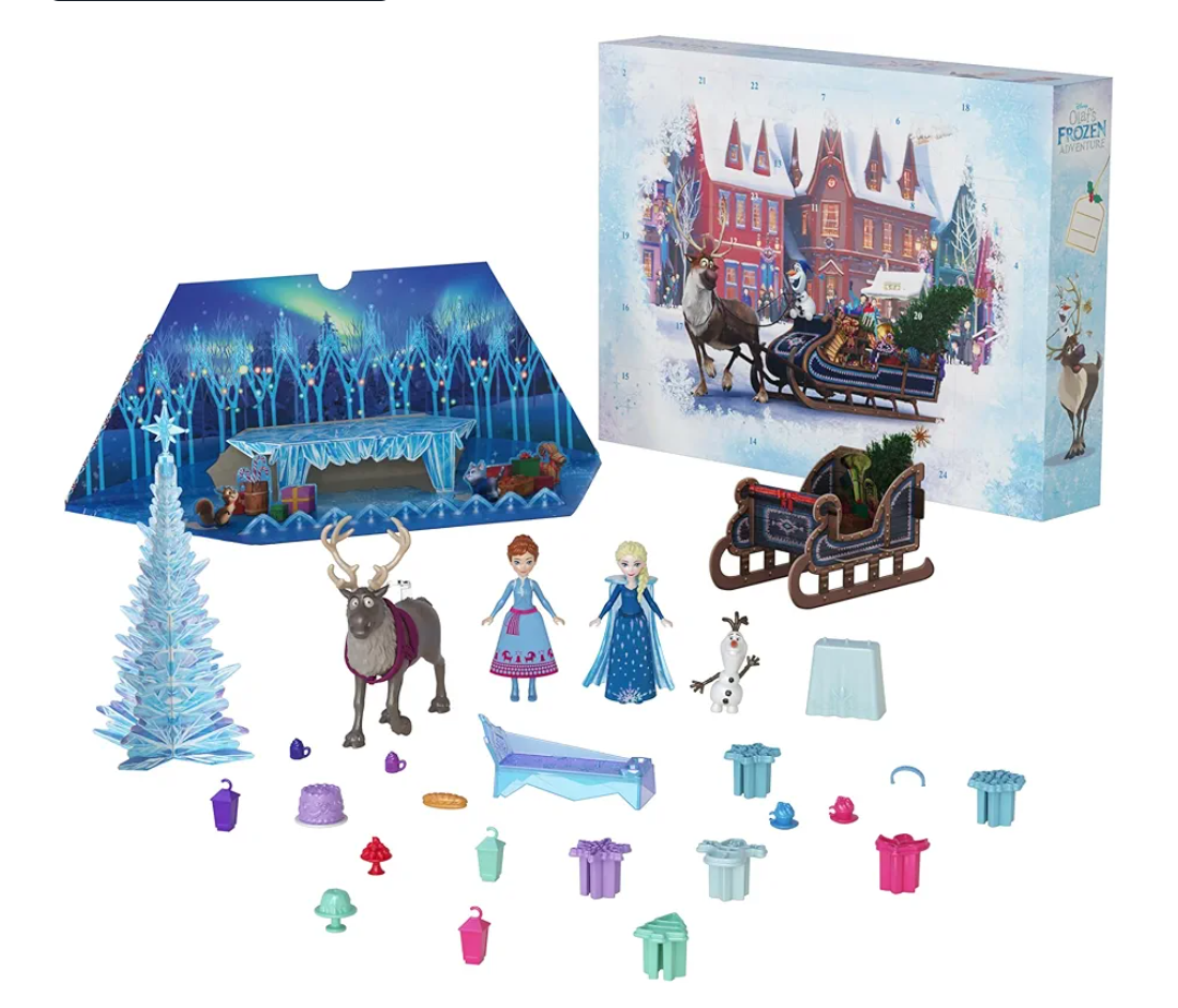 Mattel Disney Frozen Toys, Anna & Elsa Small Doll Advent Calendar with 2 Friend Figures, Moldable Sand & 24 Play Pieces, Inspired by Olaf’s Frozen Adventure