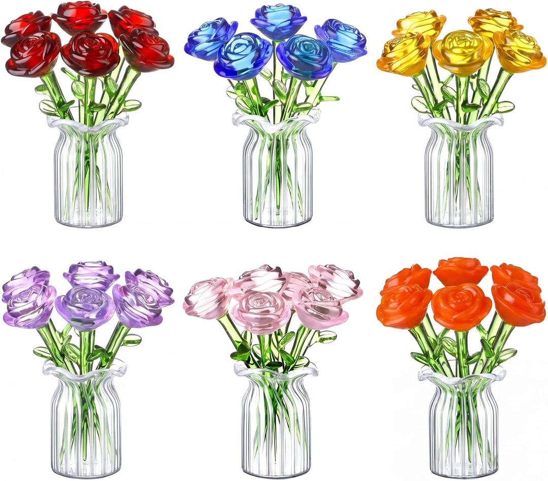 FoldTier 42 Pcs Mini Glass Flower Decoration Hand Blown Glass Flower Figurines Collectible Ornaments with Vase for Mothers Day Birthday Table Centerpiece Garden DIY Craft(Roses)