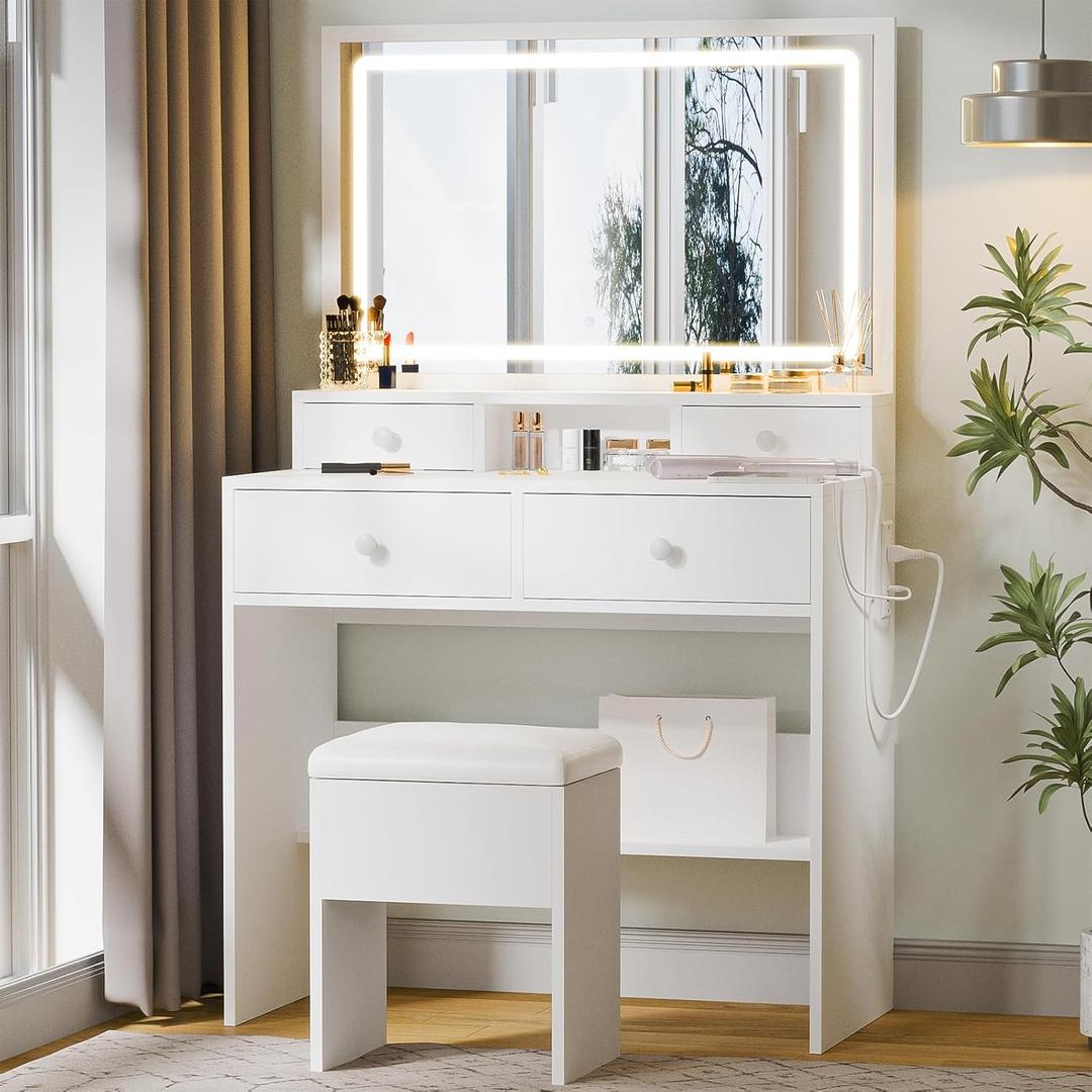 Haewon Vanity Desk with Mirror and LED Lights, White Makeup Vanity with Power Outlet, Storage Drawers and Chair, Dressing Table Set for Bedroom Dressing Room (Small)