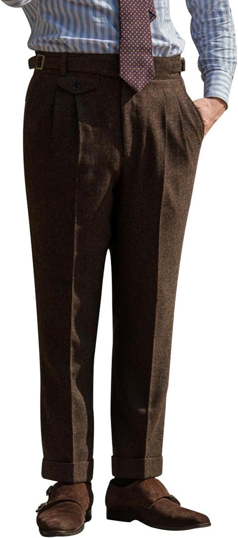 SNOLY Men's Winter Retro Woolen Gurkha Pant Straight Flat Front Chino High Waist Tapered Leg Rolled Pants,Two Styles (Large, 2#coffee)