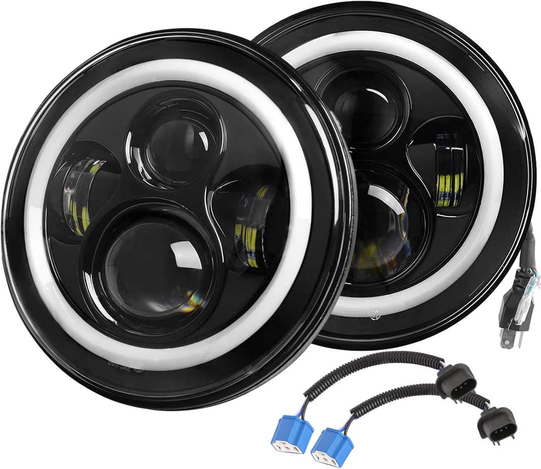 Round LED Headlights with Halo  2PCS 7 Inch 6000LM Headlamp for Jeep Wrangler TJ JK CJ, Offroad Lights with DRL White Angel Eyes & Amber Turn Signal, IP67 Waterproof, H4 to H13 Adapter, Plug & Play