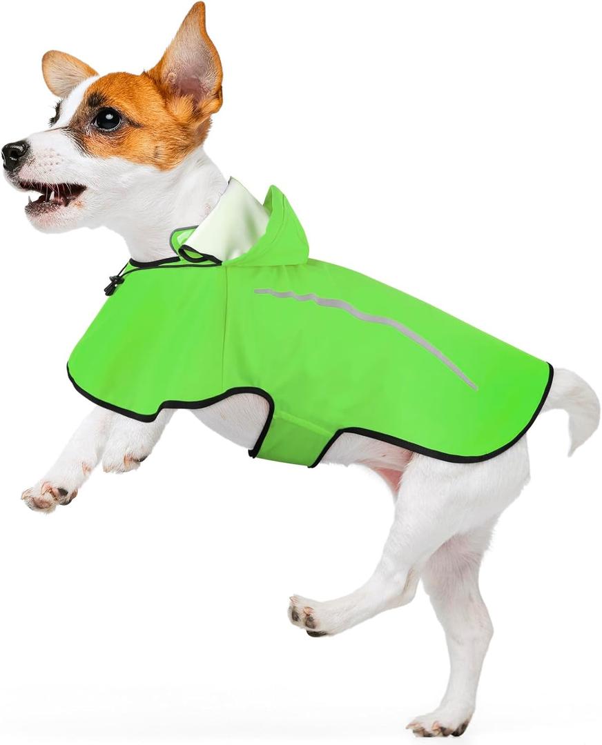 Dog Raincoat with Removable Hoodie, Rain Coats Waterproof Windproof Snowproof, Rain Jacket with Reflective Strip/Adjustable Drawstring/Leash Hole for Dog Walking (Green, Small)